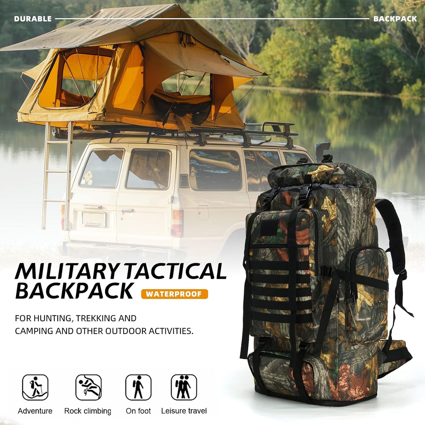 70L/100L MOLLE Rucksack - Waterproof Hiking and Camping Backpack for High-Performance Backpacking (Leaf Camo)
