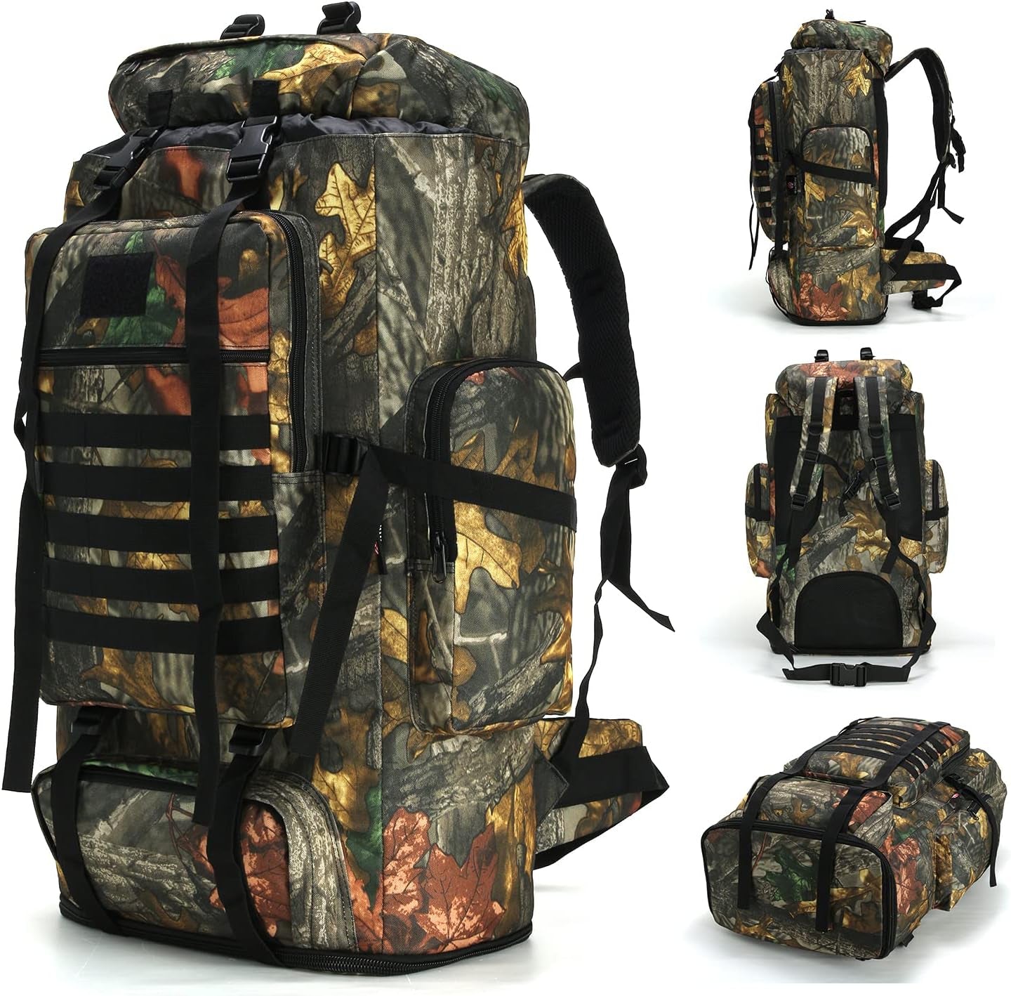 70L/100L MOLLE Rucksack - Waterproof Hiking and Camping Backpack for High-Performance Backpacking (Leaf Camo)