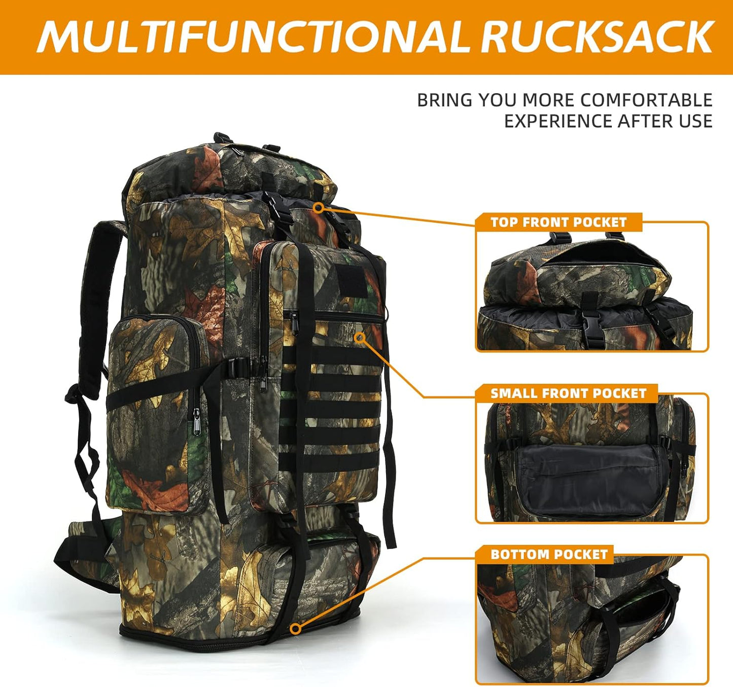 70L/100L MOLLE Rucksack - Waterproof Hiking and Camping Backpack for High-Performance Backpacking (Leaf Camo)