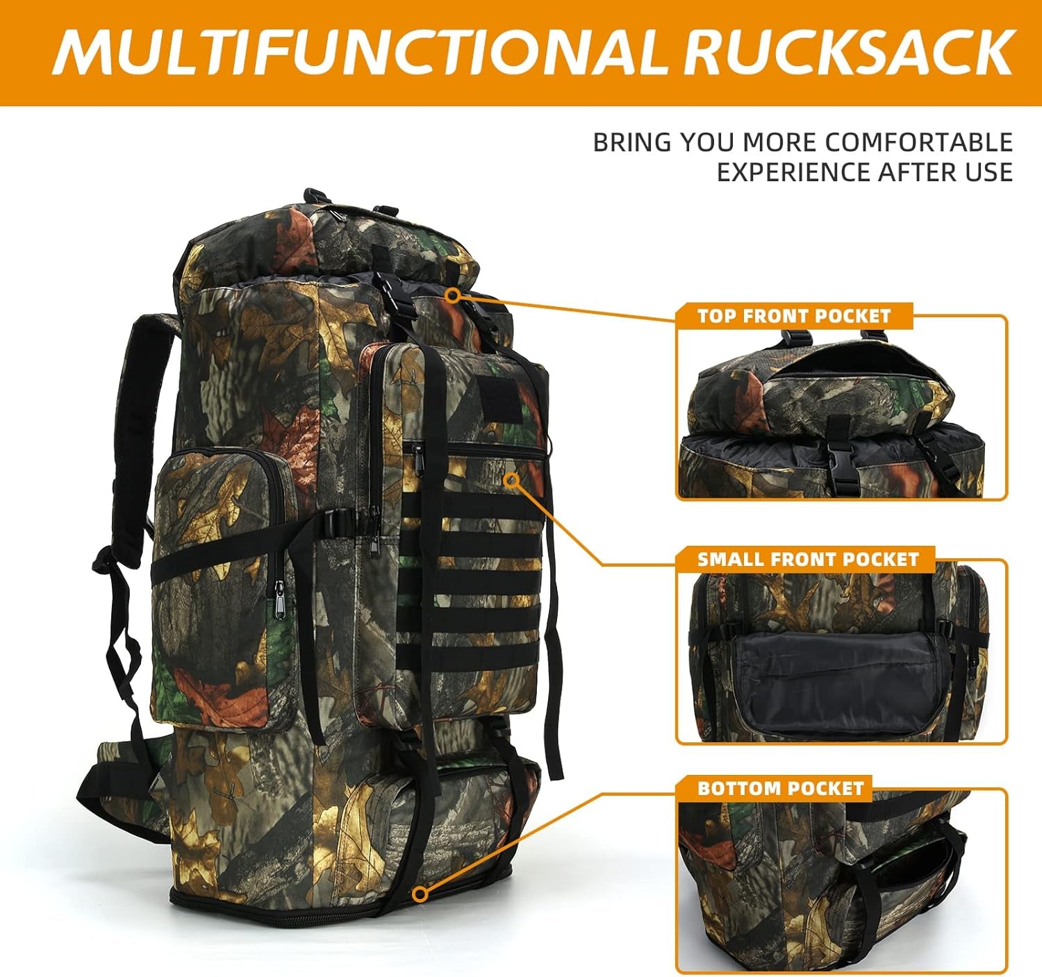 70L/100L MOLLE Rucksack - Waterproof Hiking and Camping Backpack for High-Performance Backpacking (Leaf Camo)