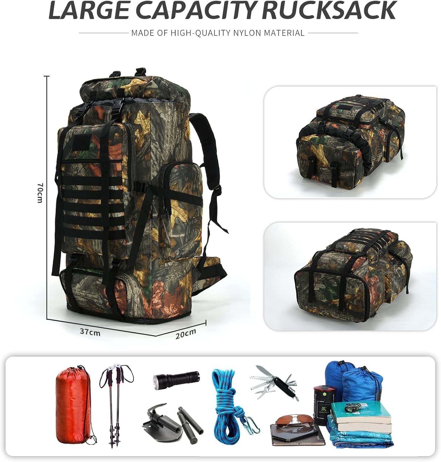 70L/100L MOLLE Rucksack - Waterproof Hiking and Camping Backpack for High-Performance Backpacking (Leaf Camo)