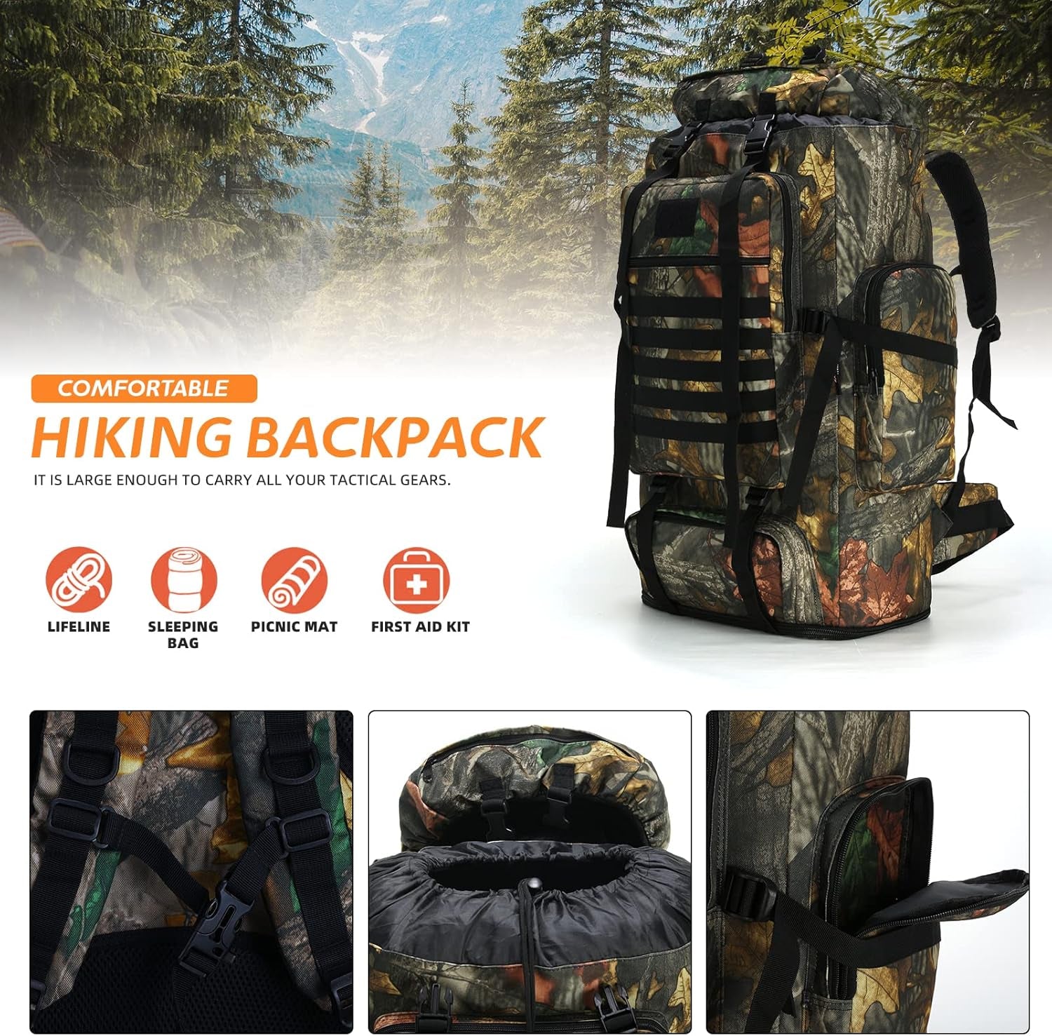 70L/100L MOLLE Rucksack - Waterproof Hiking and Camping Backpack for High-Performance Backpacking (Leaf Camo)