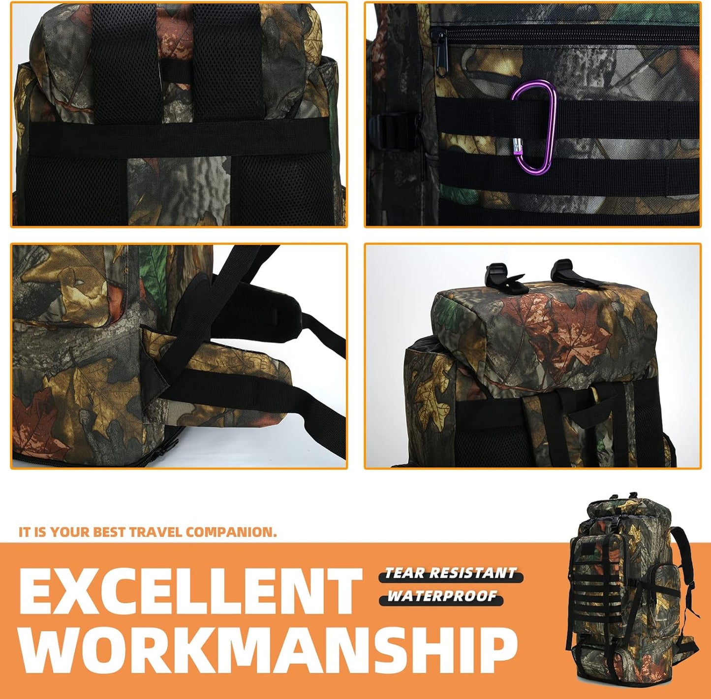 70L/100L MOLLE Rucksack - Waterproof Hiking and Camping Backpack for High-Performance Backpacking (Leaf Camo)