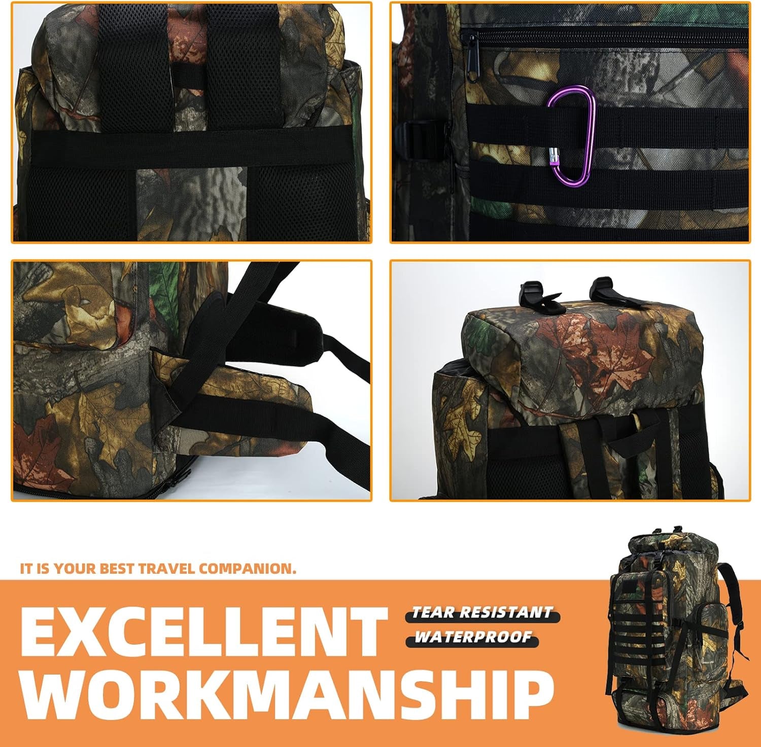 70L/100L MOLLE Rucksack - Waterproof Hiking and Camping Backpack for High-Performance Backpacking (Leaf Camo)