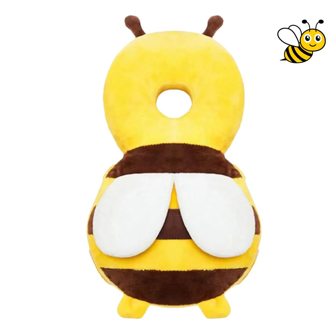 Baby safety head protector cushion backpack in bee design – front view showing yellow and brown stripes with soft white wings.