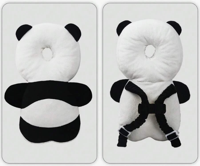 Baby safety head protector cushion backpack in panda design – front and back views showing soft black-and-white padding.